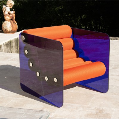 Fauteuil design MW02 "POP" en verre - Assise Orange - Fait main en France.